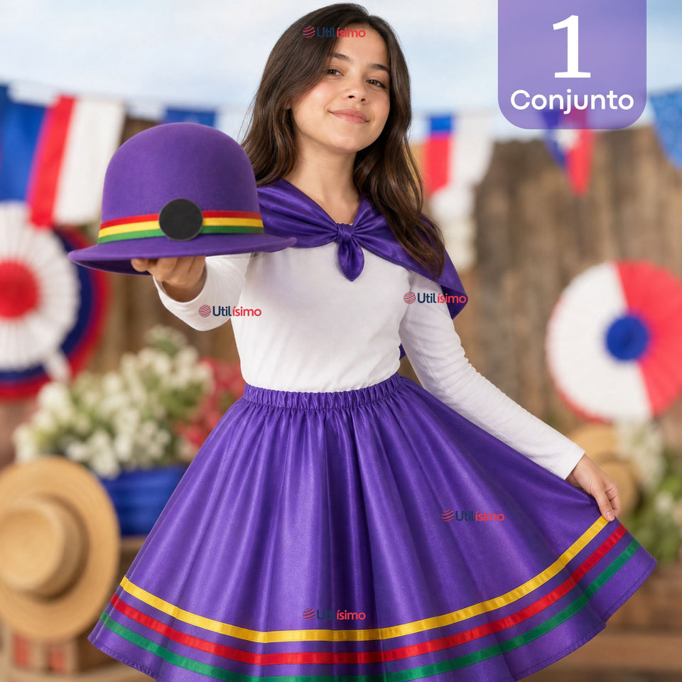 Traje Nortino Juvenil Con Polera 4 Piezas Morado Baile Típico Fiestas Patrias