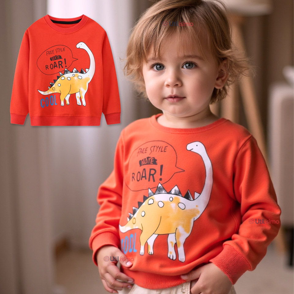Polerón Algodón Cuello Redondo Niño Naranja Dinosaurio