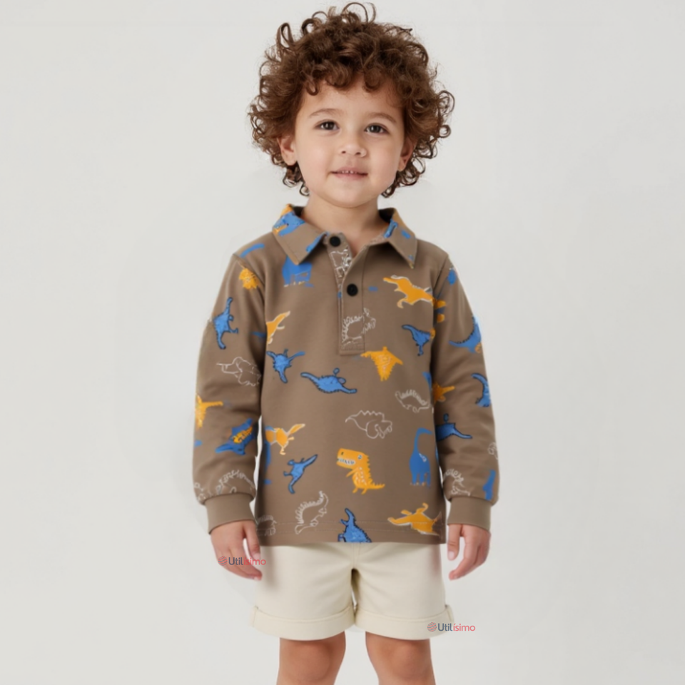 Polera Piqué Manga Larga Niño con Estampado de Dinosaurios Marrón