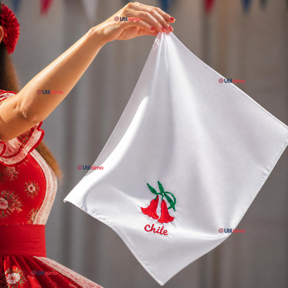 Pañuelo Baile Cueca 36cm Bordado Flor Copihue Algodón Fiestas Patrias