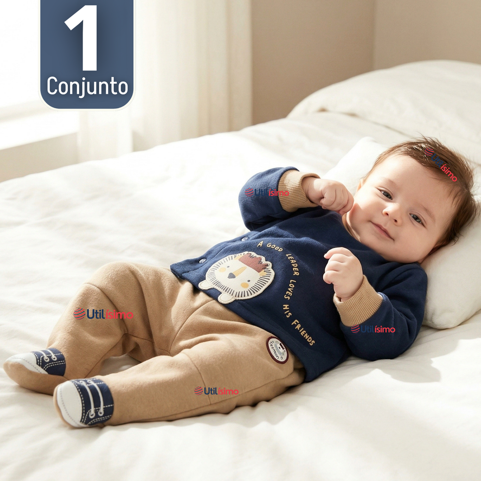 Conjunto 2 Piezas Buzo Pantalón Y Polerón De Algodón Azul León Bebé Niño