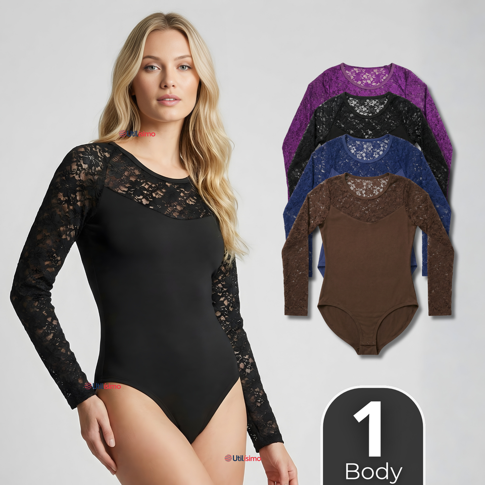 Body Manga Larga Con Encaje Bambú Mujer Colores Surtidos