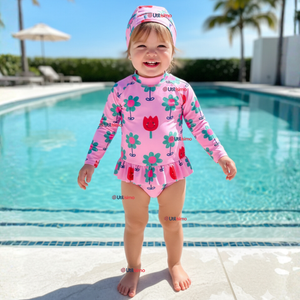 Traje de Baño Enterito Cremallera Manga Larga Con Gorro Niña 1 a 6 años Pink Flowers
