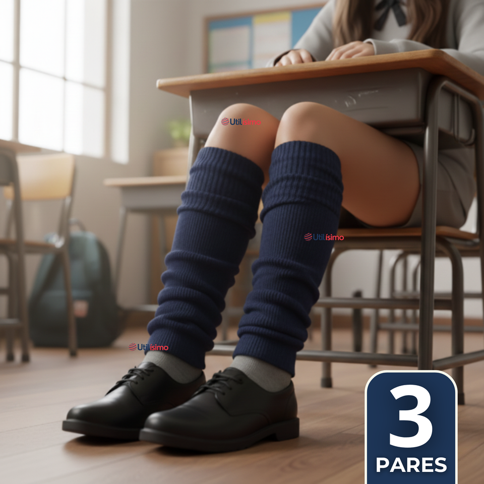 Pack 3 Polainas Escolares Invierno Abrigadoras Niña Azul Acrílico