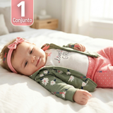 Conjunto 3 Piezas Buzo Pantalón Polerón Body De Algodón Verde Flores Bebé Niña