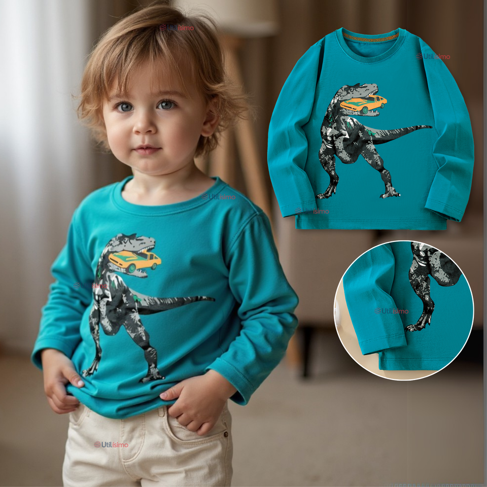 Polera Manga Larga Niño 100% Algodón Dinosaurio Verde Camiseta