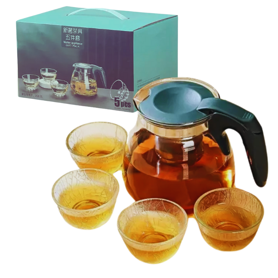 Set Tetera De Vidrio Infusión Té Con Filtro Acero Incluye 4 Tazas
