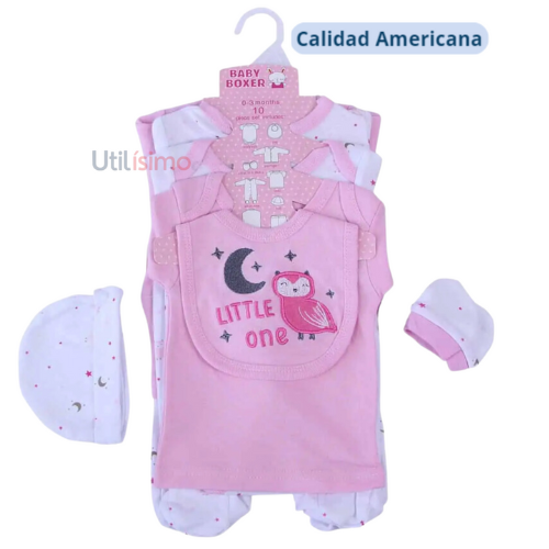 Set 8 Piezas Ajuar Niña Búho Little One Rosa Jump Kids 100 % Algodón