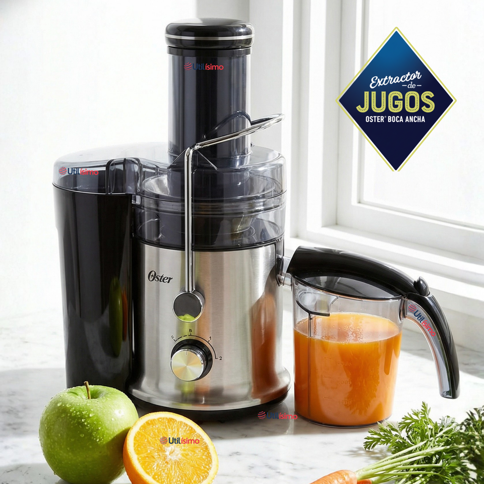 Oster® Extractor de Jugos, con 2 Velocidades + Pulso, y Fácil de Limpiar, Negro y Plateado, FPSTJE320S
