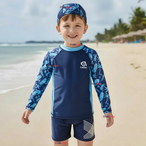 Traje de Baño Con Gorro Pantalón Corto Manga Larga 3 Piezas Corte Split Niño 2 a 8 años Blue