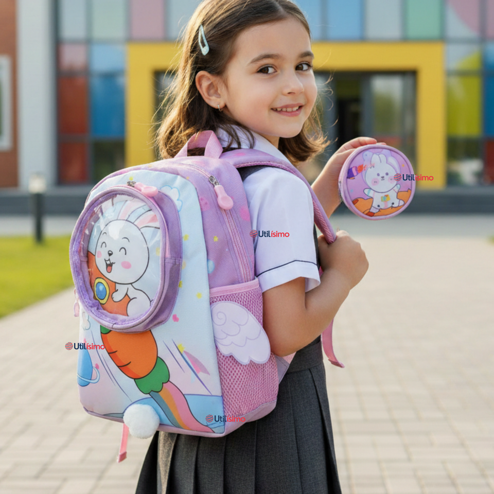 Mochila Escolar Con Estuche 33cm Poliéster Impermeable Conejita Niña
