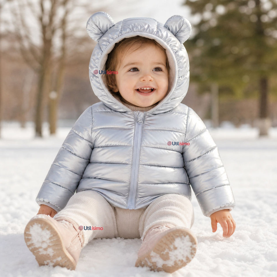Parka Bebé Niña Gris Metálica Térmica Acolchada Con Orejitas Gray Shiny