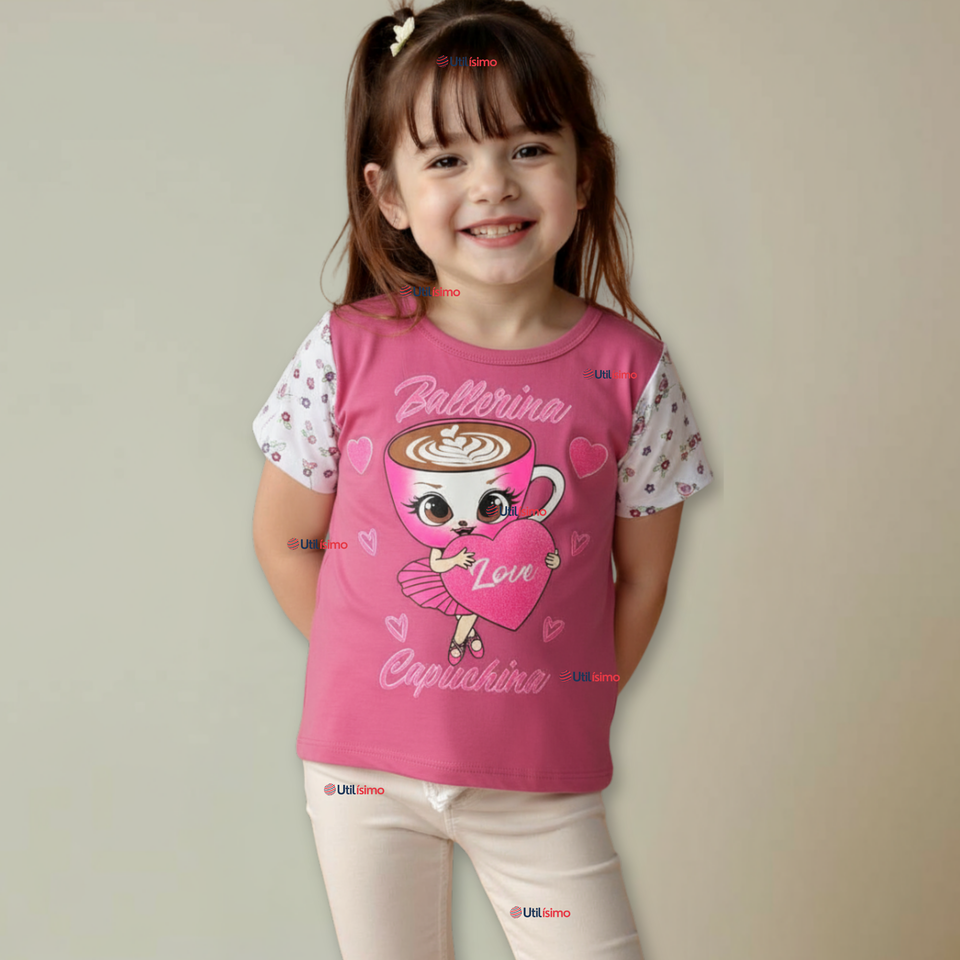 Polera Brainrots 100% Algodón Manga Corta Niña Tralalero Rosado Oscuro