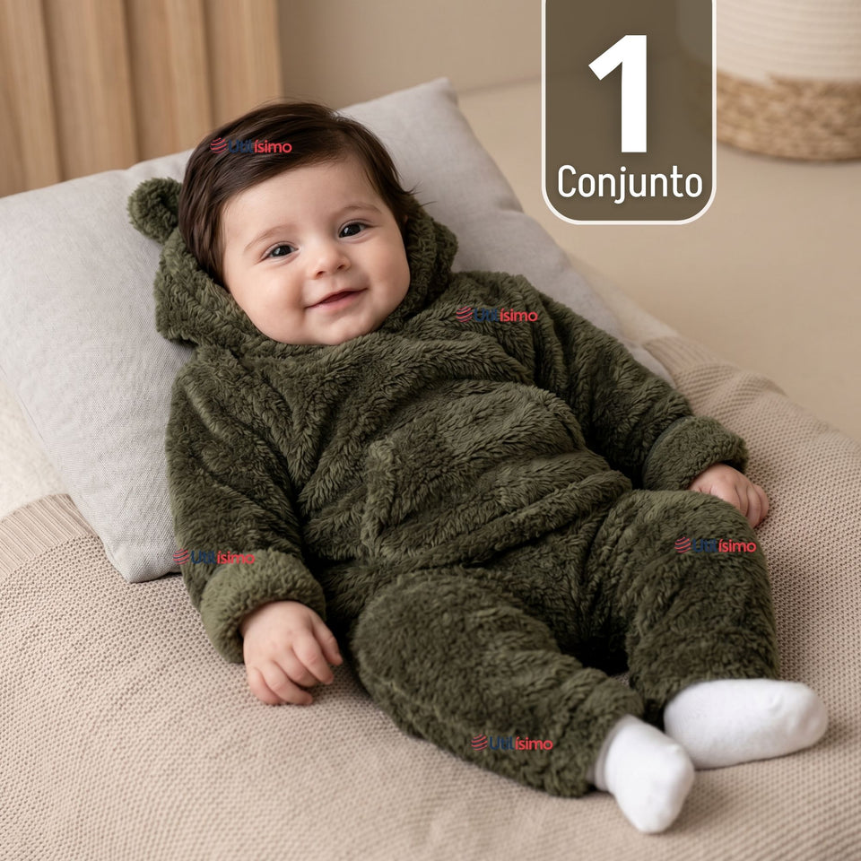 Buzo Polerón Conjunto Polar Niño Con Capucha Unicolor Verde Oscuro
