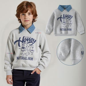 Polerón Estilo Pique Manga Larga Niño 100% Algodón Gris