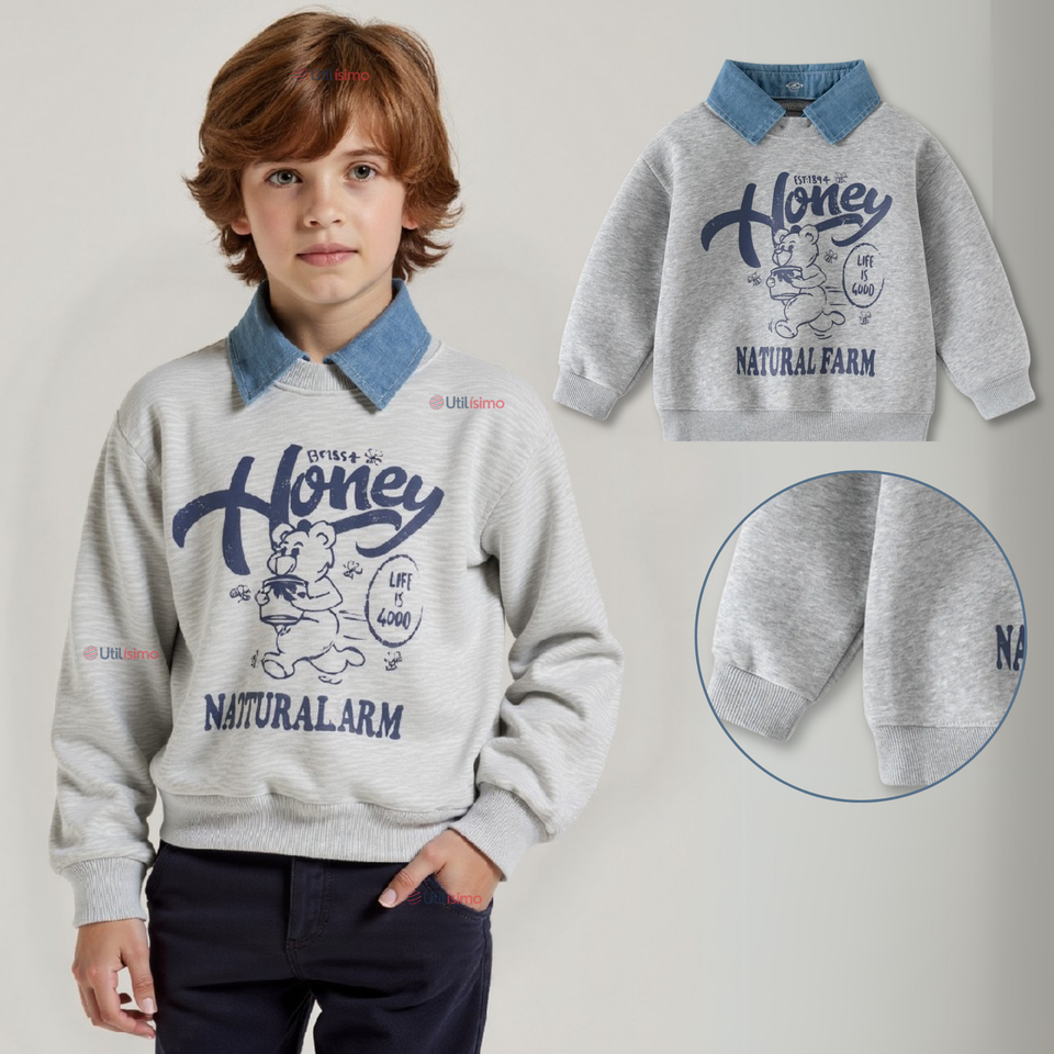 Polerón Estilo Pique Manga Larga Niño 100% Algodón Gris