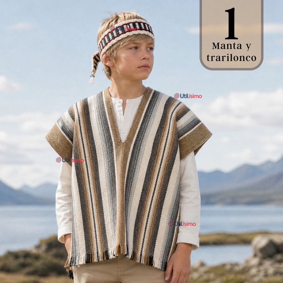 Poncho Manta Mapuche Con Trarilonco Juvenil Fiestas Patrias