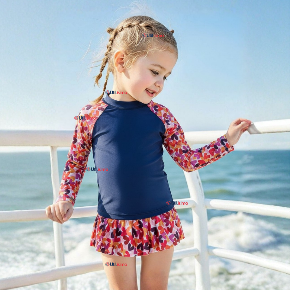 Traje De Baño Manga Larga Estilo Tankini Con Falda Niña 2 a 7 años Happy Hearts