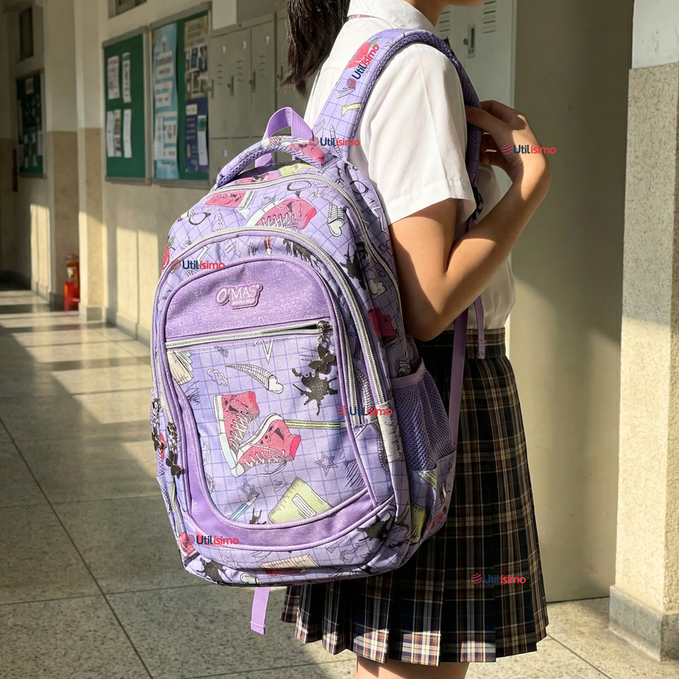 Mochila Escolar Con Estuche 43cm Tela Oxford Lila Niña