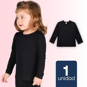 Camiseta Algodón Manga Larga Polera Niña Primera Capa Cuello Redondo Negra