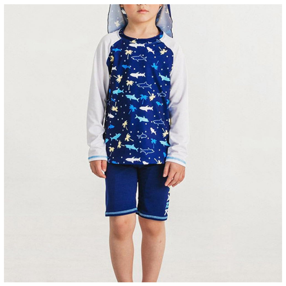 TRAJE DE BAÑO SPF UV50+ 2 PIEZAS MANGA LARGA NIÑO FISH NAVY