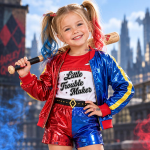 Disfraz Harley Quinn Azul y Rojo Metalizado Cosplay Niña