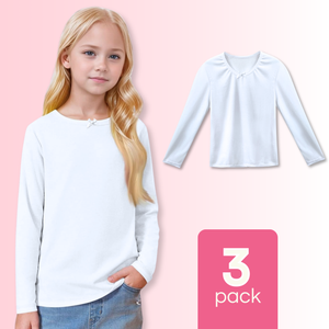 Pack 3 Camisetas Algodón Manga Larga Polera Niña Primera Capa Cuello Redondo Blanca