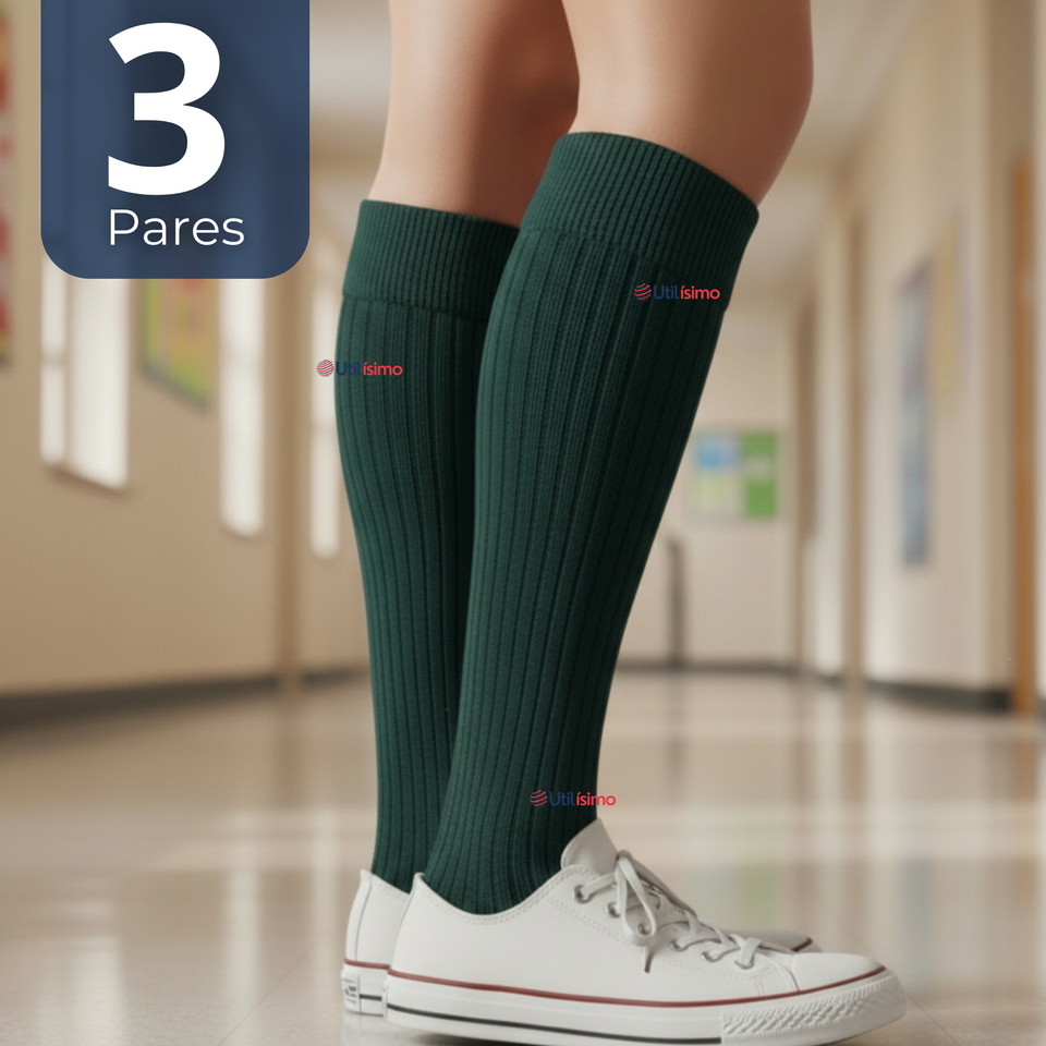 Pack 3 Calcetínes Escolares Largo Acrílico Verde Niñas Juvenil