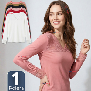 Camiseta Polera Bambú Cuello V Manga Larga Con Encaje Colores Surtidos Mujer