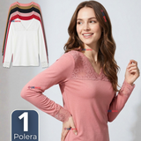 Camiseta Polera Bambú Cuello V Manga Larga Con Encaje Colores Surtidos Mujer