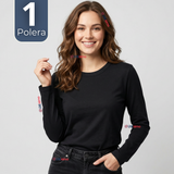 Camiseta Polera Polar Primera Capa Negro Manga Larga Mujer