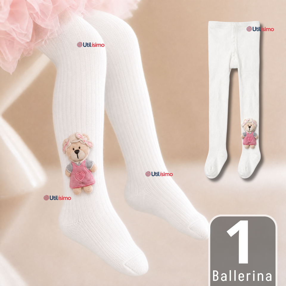 Panty 3D Osito Blanco Tejida Niña Ballerina 78% Algodón Premium
