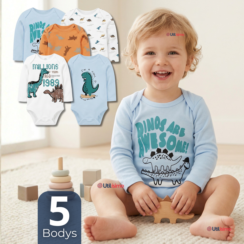 Pack 5 Bodys Manga Larga 100% Algodón Bebé Niño Dino Aventure