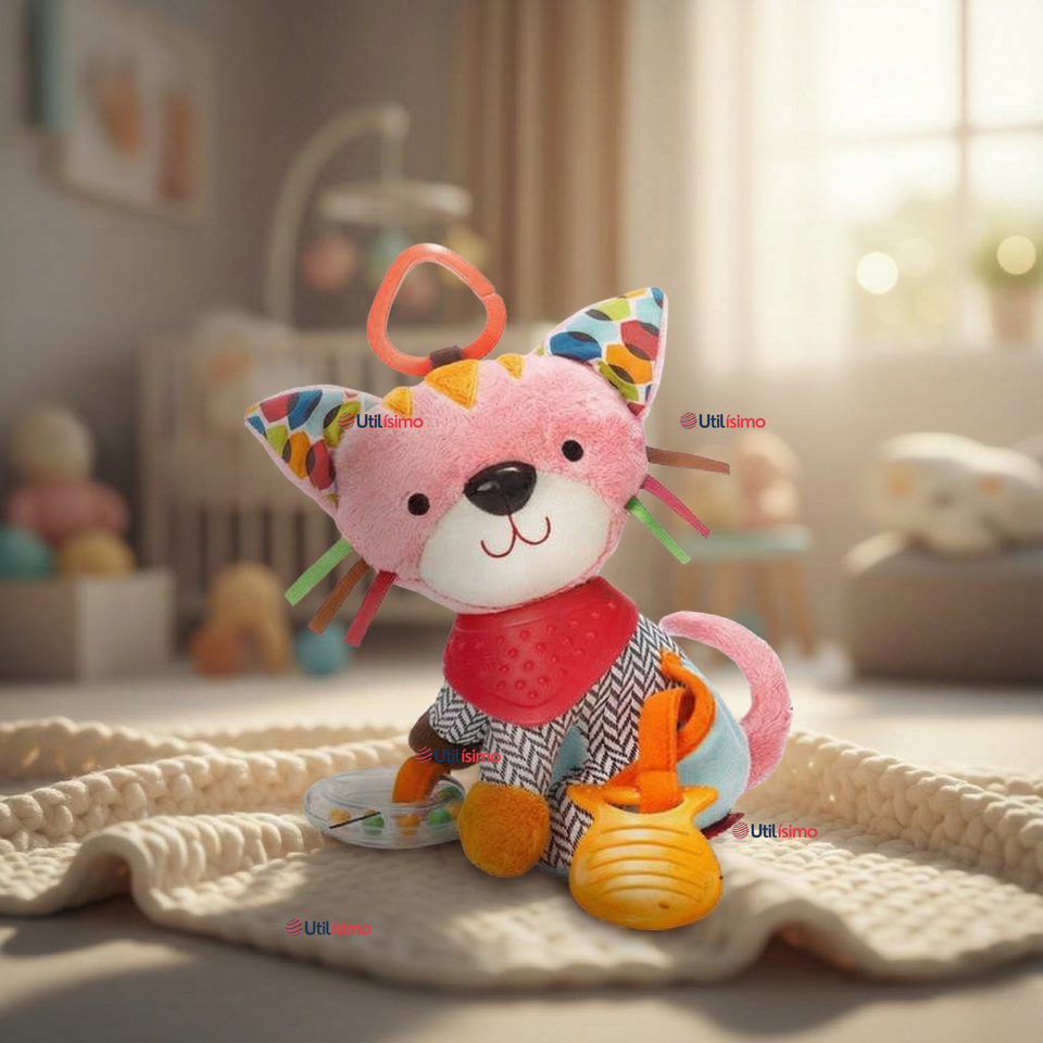 Juguete Peluche Animales Sensorial Con Mordedor Y Sonajero Diseño Gatico Niña y Niño
