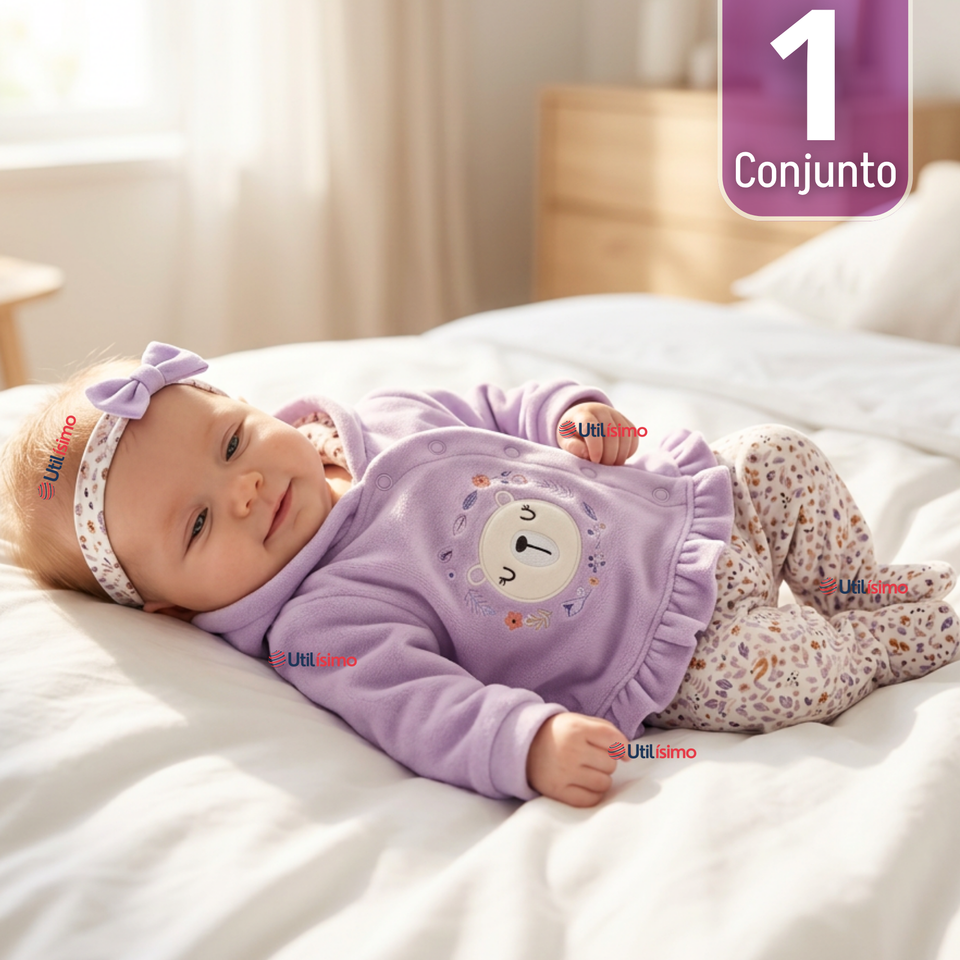 Conjunto 2 Piezas Buzo Pantalón Y Polerón Con Capucha Tela Plush Lila Bebé Niña