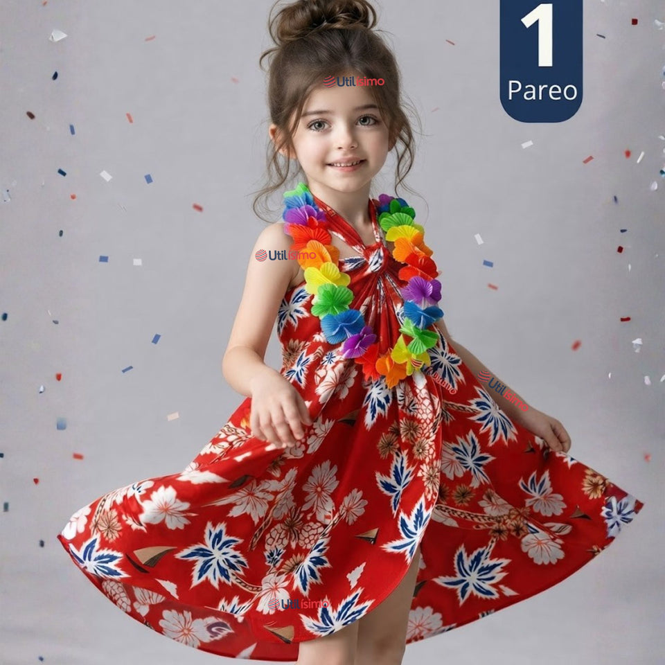 Traje Pareo Pascuense Hawaiano Rojo con Collar Niña Fiestas Patrias