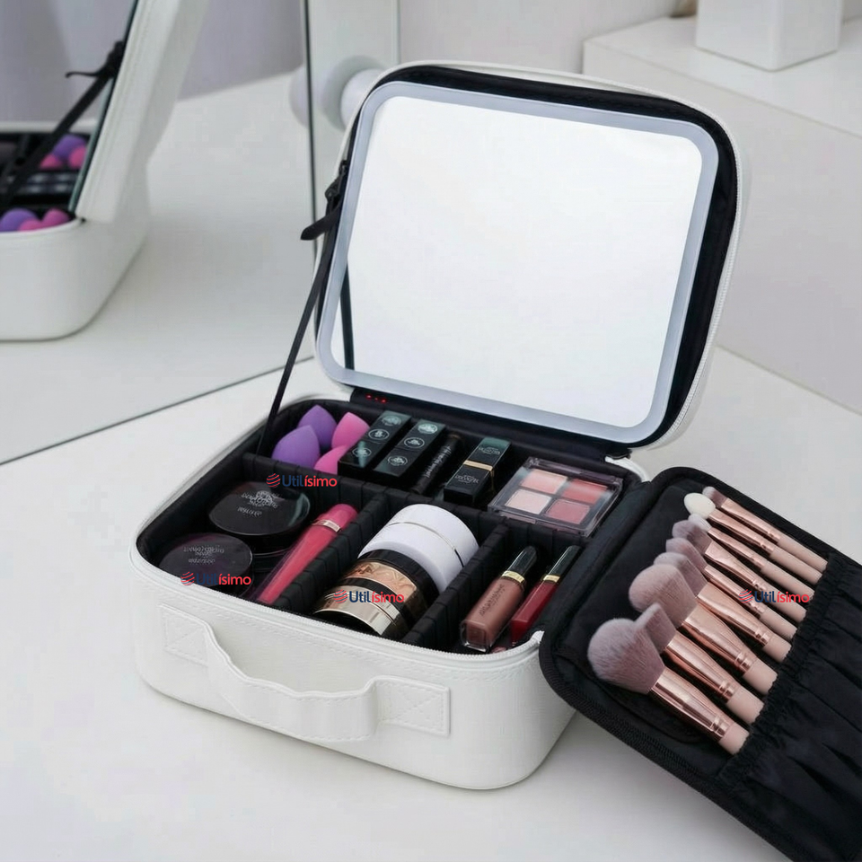 Estuche Maquillaje 2 en 1 Bolso Cosmetiquero Espejo Con Luz Led Organizador