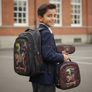 Mochila Escolar Bolso Con Efecto 3D Estuche + Lonchera 40Cm Tela Oxford Niño Dark Dinosaur