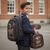 Mochila Escolar Bolso Con Efecto 3D Estuche + Lonchera 40Cm Tela Oxford Niño Dark Dinosaur