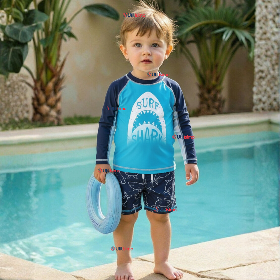 Traje de Baño Manga Larga Pantalón Corto 2 Piezas Corte Split Niño 3 a 9 años Blue Shark