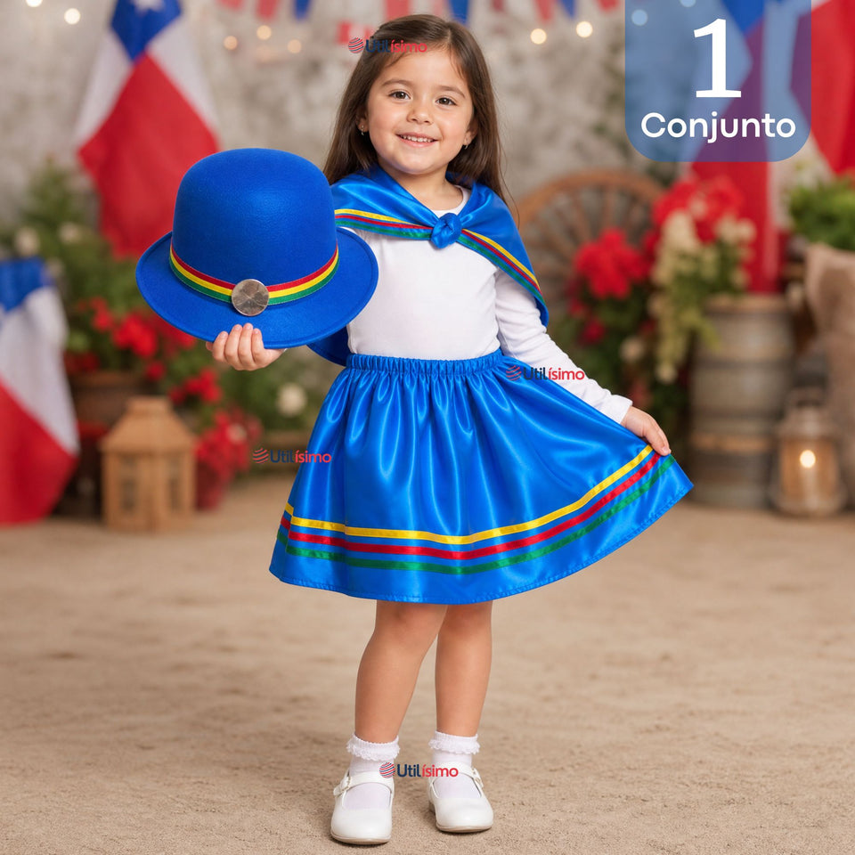 Traje Nortino Niña Azul 4 Piezas Con Polera Baile Típico Fiestas Patrias