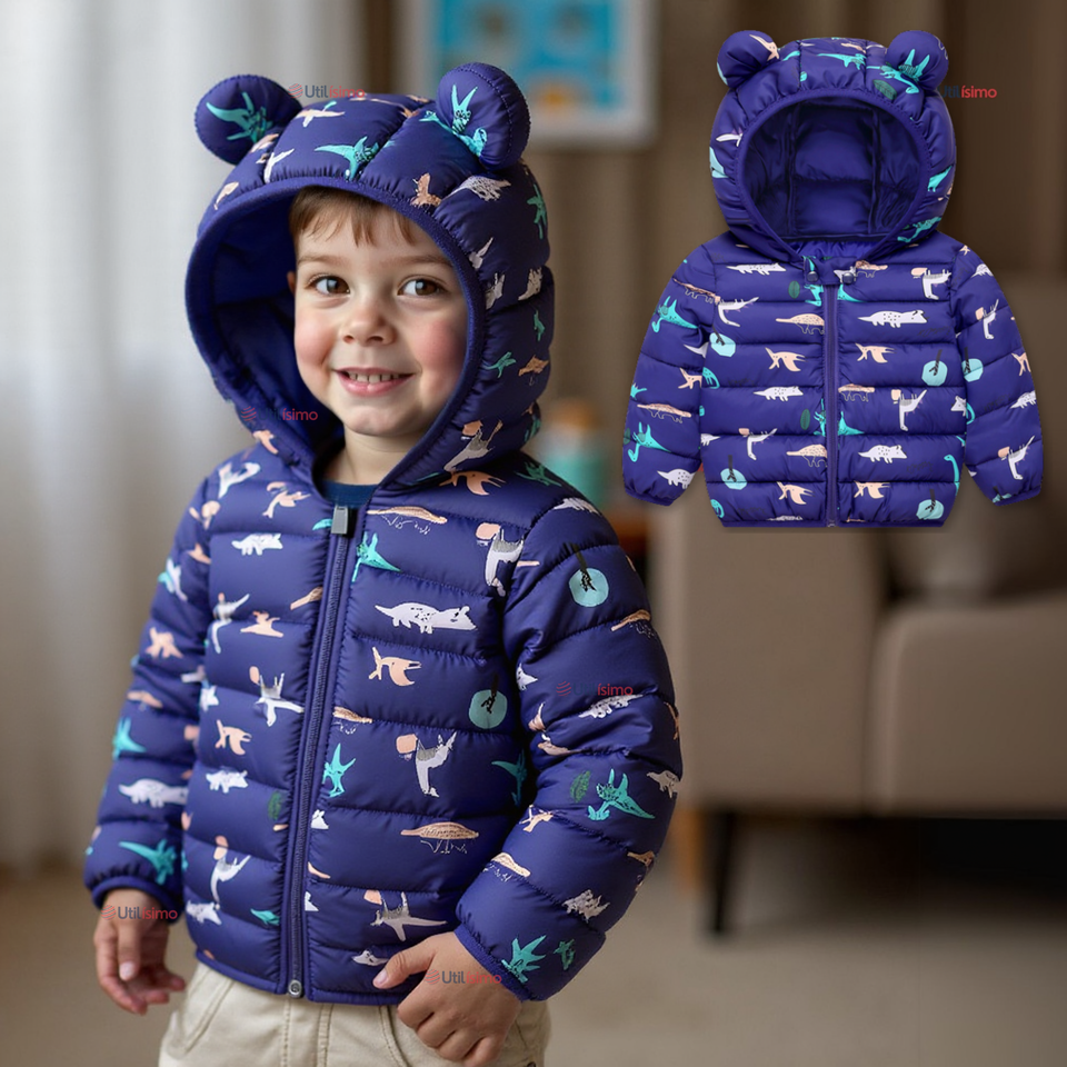Parka Térmica Con Capucha Y Orejitas Estampado Dinosaurio Niño
