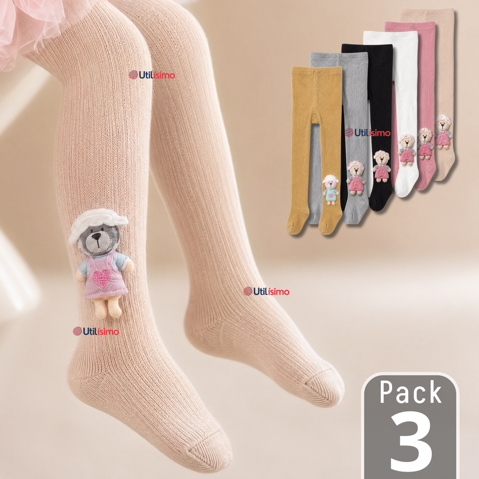 Pack 3 Pantys 3D Osito Tejida Niña Ballerina 78% Algodón Premium Surtidas