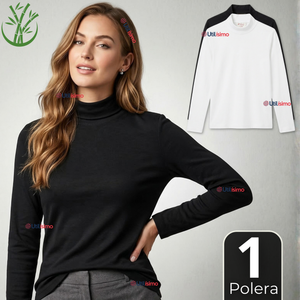Camiseta Polera Bambú Primera Capa Cuello Beatle Manga Larga Blanco Negro Mujer