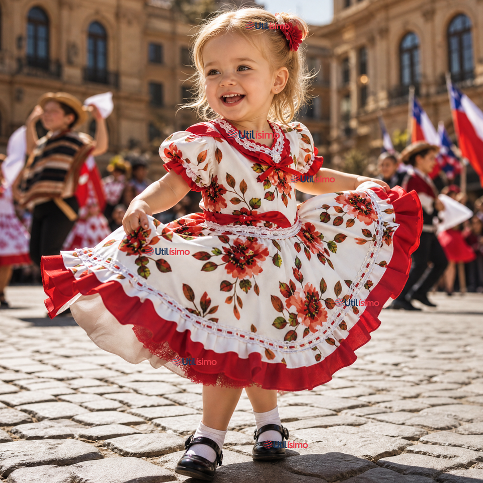 Vestido Chinita Huasa Niña Rojo Floreado Cueca Fiestas Patrias