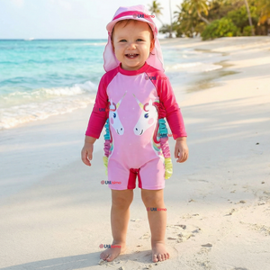 Traje de Baño Enterito Cremallera Manga Larga Con Gorro Niña 1 a 5 años Pink Unicorn