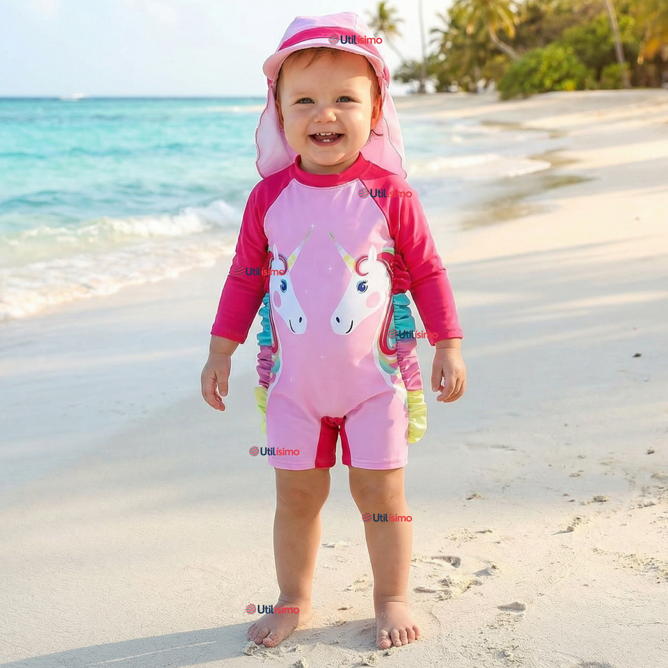 Traje de Baño Enterito Cremallera Manga Larga Con Gorro Niña 1 a 5 años Pink Unicorn