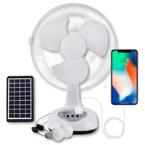 Ventilador Recargable con Panel Solar Puerto USB Luz LED 2 Ampollas Gratis