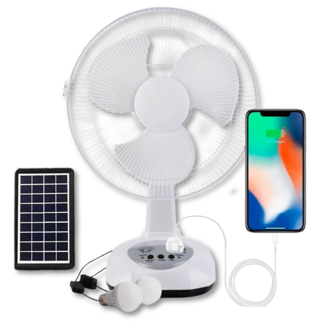 Ventilador Recargable con Panel Solar Puerto USB Luz LED 2 Ampollas Gratis