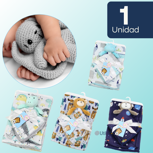 Set Manta Frazada Polar Para Bebé Niño + Peluche de Apego